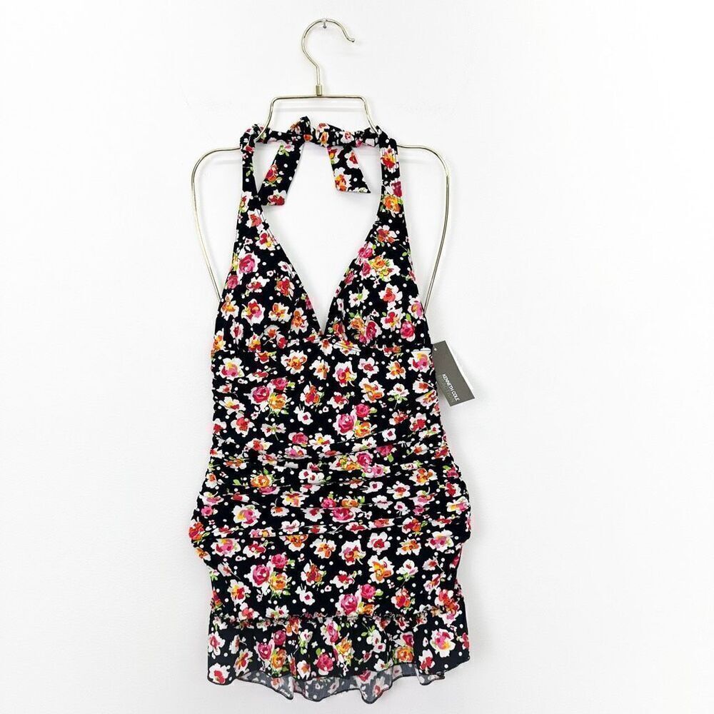 Kenneth Cole Reaction Women’s Black White Polka Dot Abstract Floral Halter Drop
